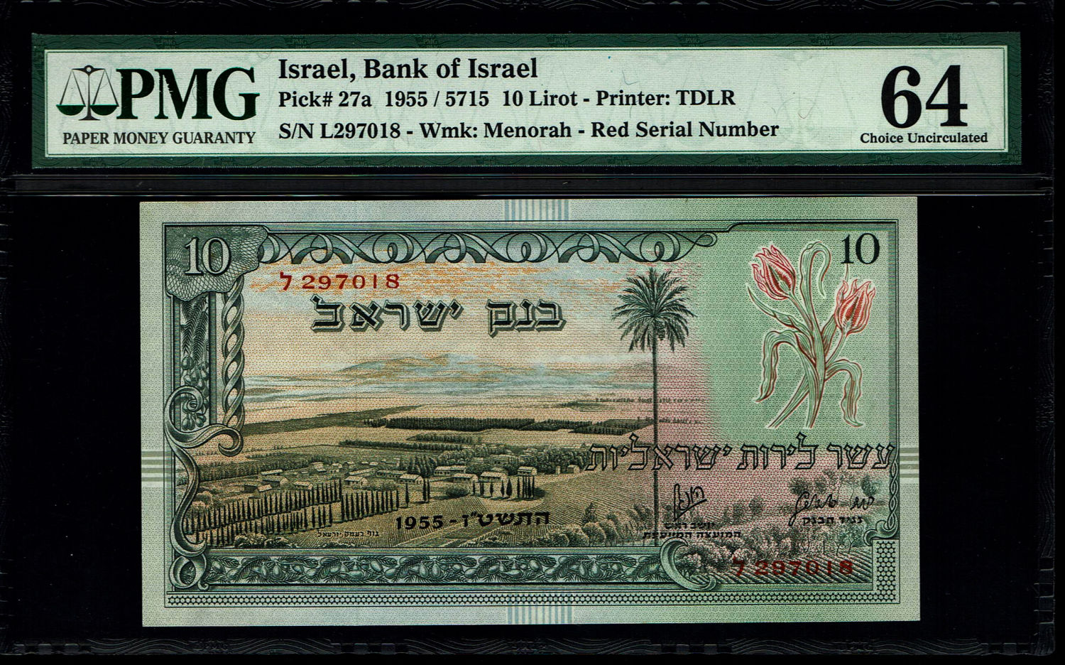 Israel - Pair banknotes of 10 Lirot 1955 - PMG 64 - Consecutive numbers - Red Serial Number - Prefix L
... - 1 3