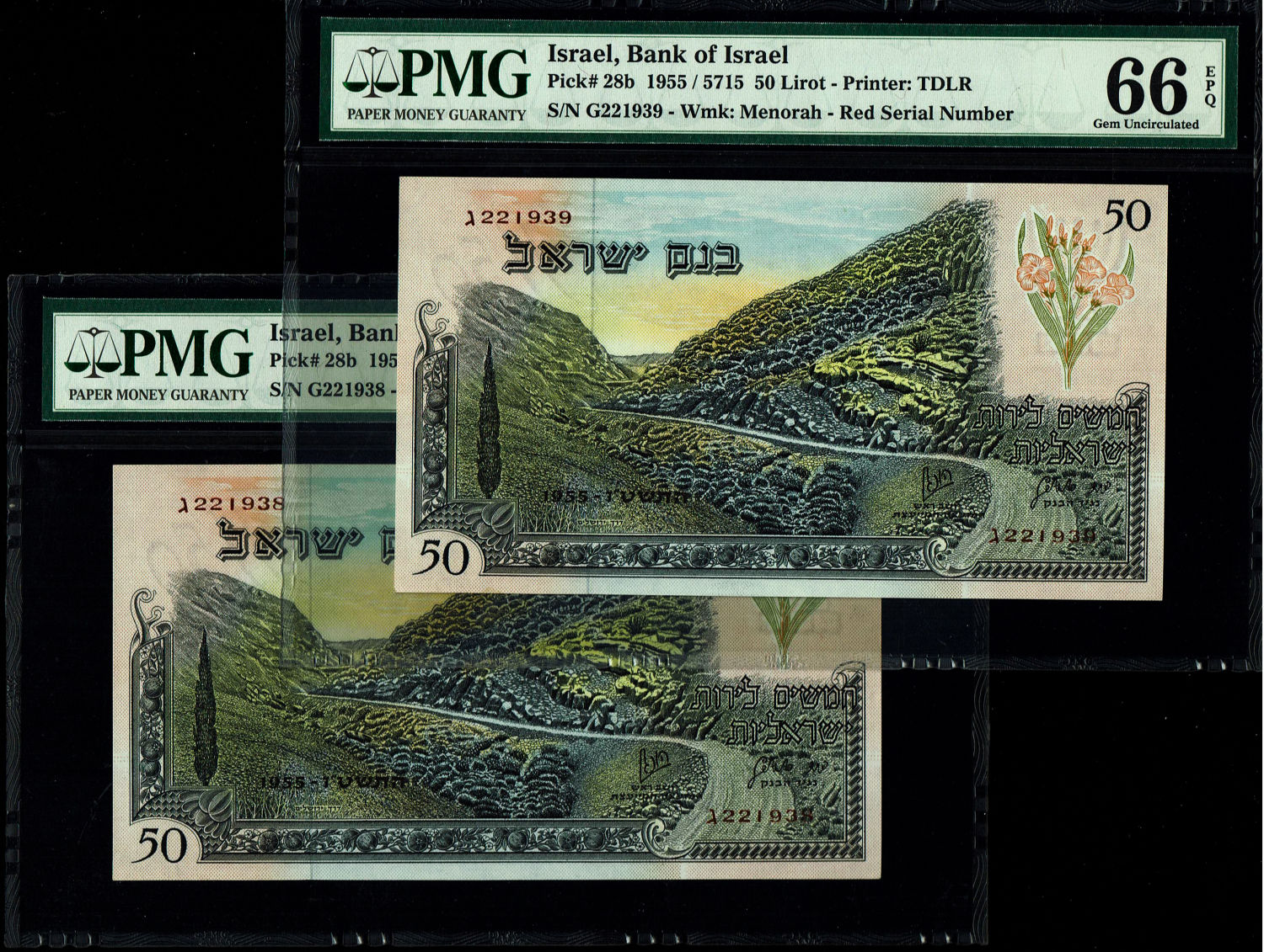 Israel - Pair banknotes of 50 Lirot 1955 - PMG 66 EPQ - Red Serial Number - Consecutive numbers - Prefix ... - 1 0