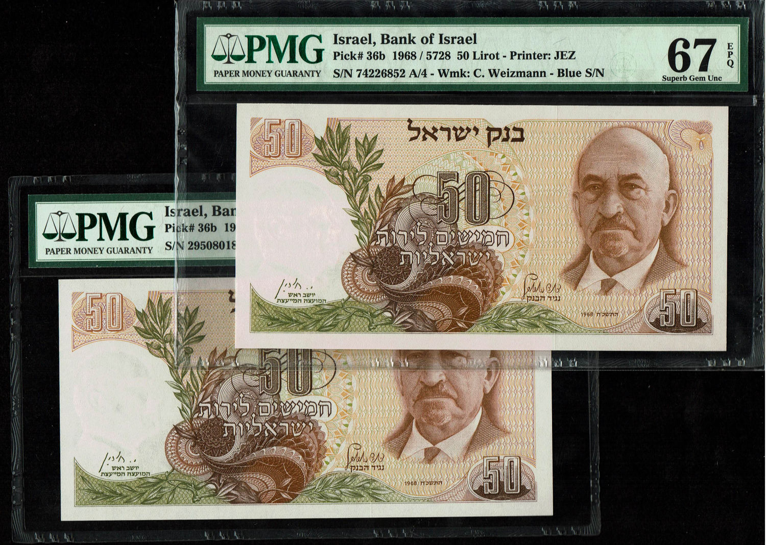 Israel - 50 Pounds 1968 - Blue Consecutive Serial Number - PMG 67 EPQ
The personal series replaced ... - 1 0