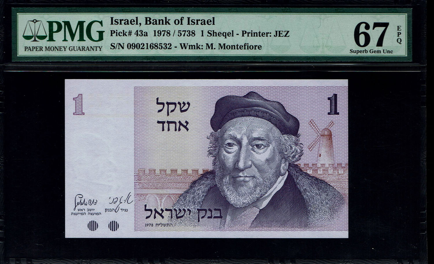 Israel - Lot of 3 Banknotes of 1 Sheqel 1978 - PMG 67 EPQ
Observe: Portrait of Moshe Montefiore and ... - 1 5