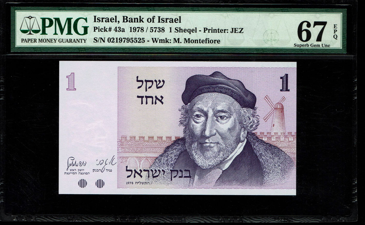 Israel - Lot of 3 Banknotes of 1 Sheqel 1978 - PMG 67 EPQ
Observe: Portrait of Moshe Montefiore and ... - 1 1