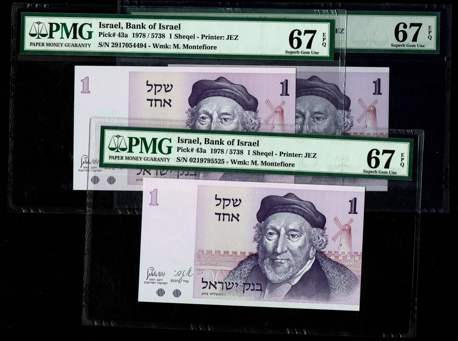 Israel - Lot of 3 Banknotes of 1 Sheqel 1978 - PMG 67 EPQ
Observe: Portrait of Moshe Montefiore and ... - 1 0