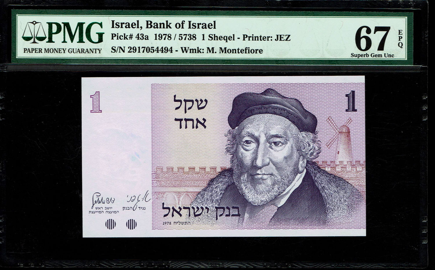 Israel - Lot of 3 Banknotes of 1 Sheqel 1978 - PMG 67 EPQ
Observe: Portrait of Moshe Montefiore and ... - 1 3