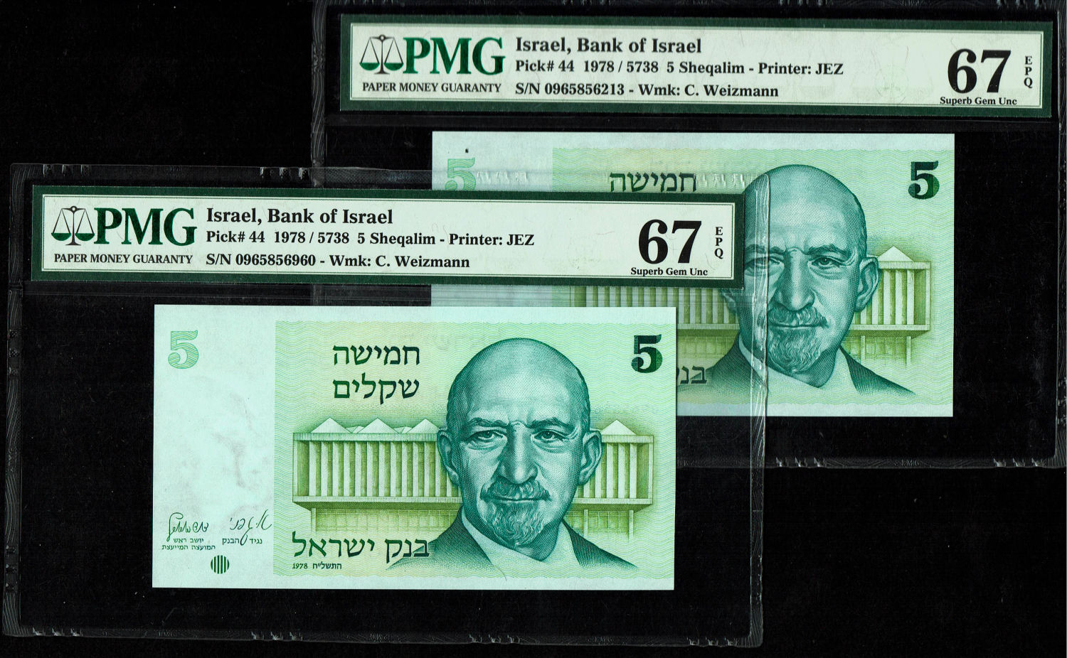 Israel -  Pair of notes of 5 Sheqalim 1978 - PMG 67 EPQ
The shekel series replaced the Israeli ... - 1 0