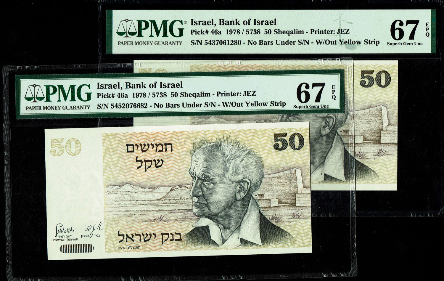 Israel - Pair of Banknotes of 50 Sheqalim 1978 - Without Yellow strip - PMG 67 EPQ
The shekel series ... - 1 0