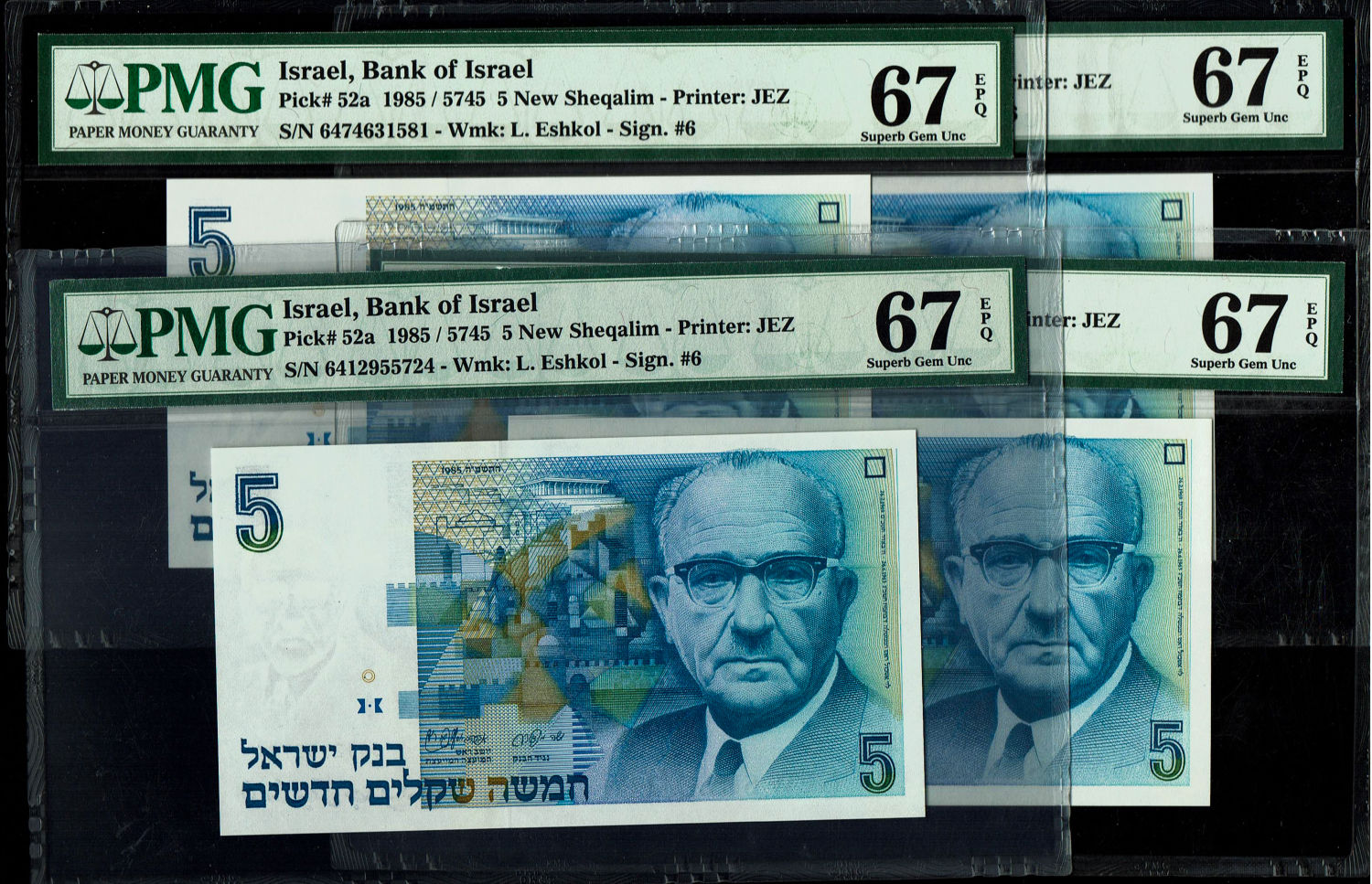 Israel - Lot of 4 Banknotes 5 New Shekel 1985 - PMG 67 EPQ
In 1985, following high inflation ... - 1 0