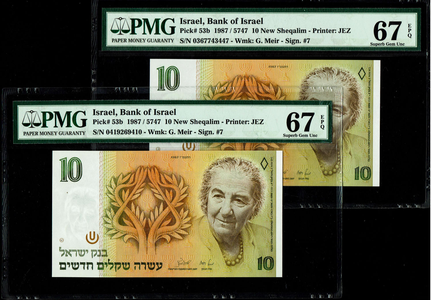 Israel - Pair Banknotes of 10 New Shekel 1987 - PMG 67 EPQ
In 1985, following high inflation, it was ... - 1 0
