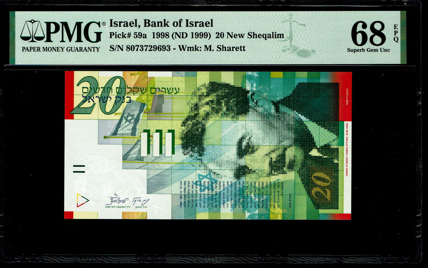 Israel - 20 New Shekels 1998 - PMG 68 EPQ
Front: Portrait of Moshe Sharett, picture of the ceremony ... - 1 0