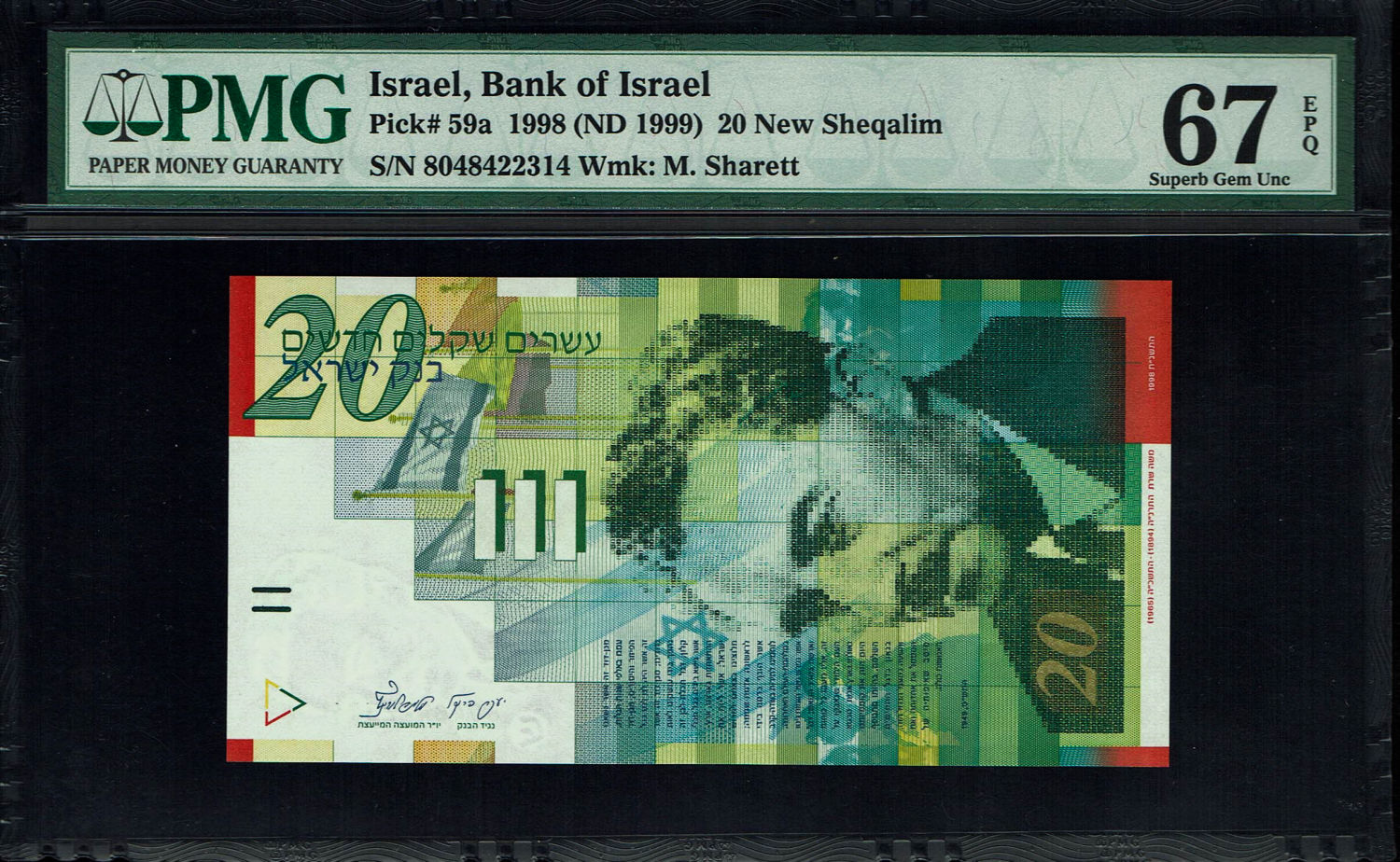Israel - 3 Banknotes of 20 New Shekels 1998 - PMG 67 EPQ
Front: Portrait of Moshe Sharett, picture ... - 1 3
