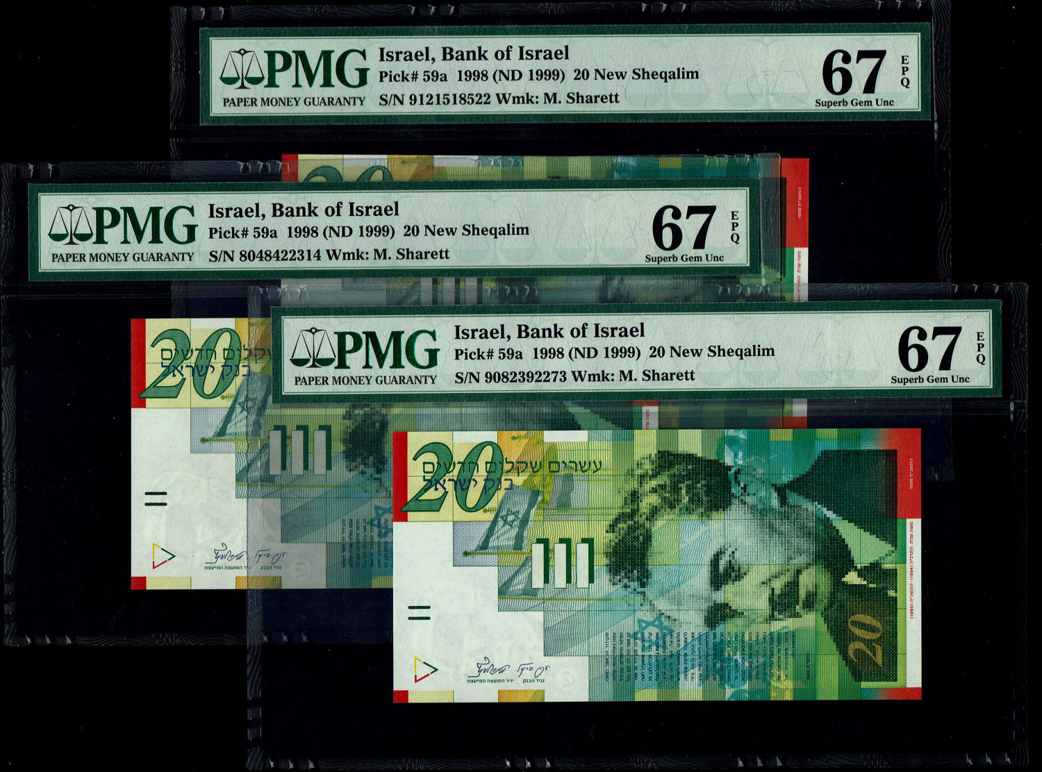 Israel - 3 Banknotes of 20 New Shekels 1998 - PMG 67 EPQ
Front: Portrait of Moshe Sharett, picture ... - 1 0