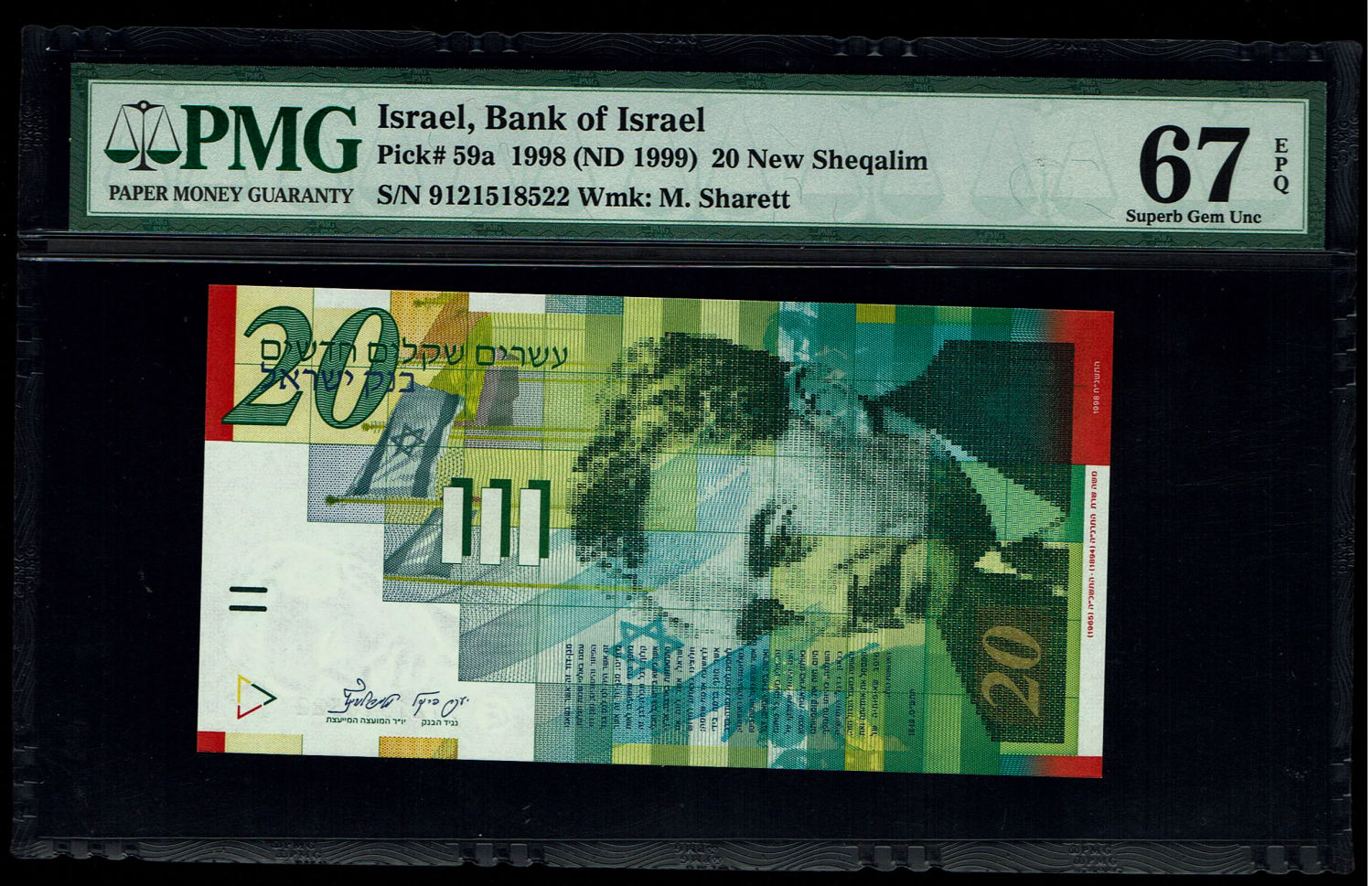 Israel - 3 Banknotes of 20 New Shekels 1998 - PMG 67 EPQ
Front: Portrait of Moshe Sharett, picture ... - 1 1
