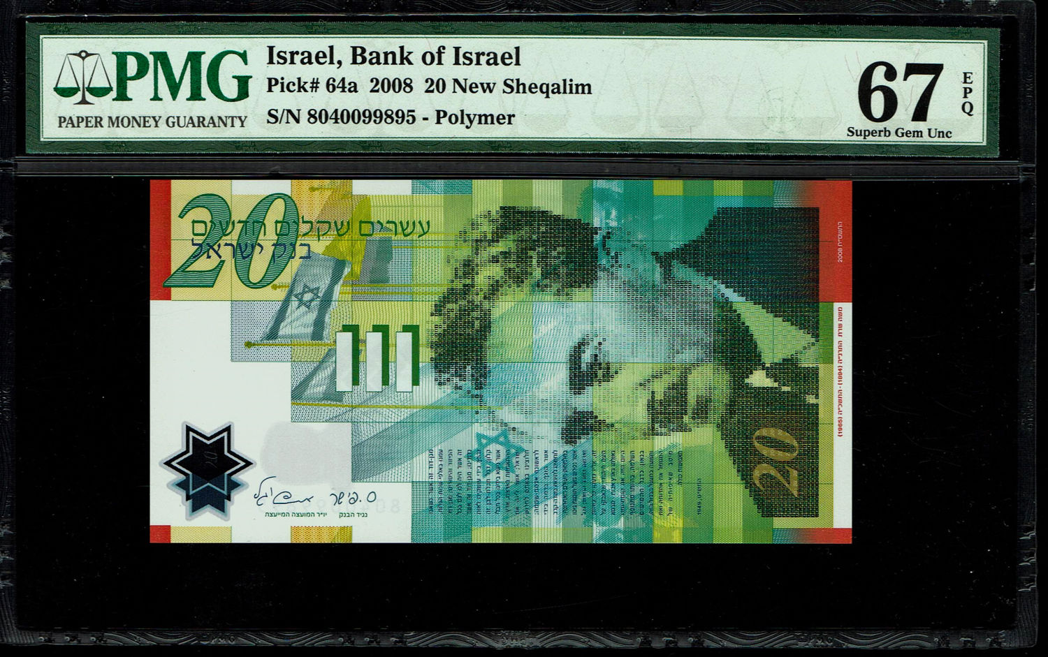 Israel - 20 New Shekels 2008 - "Polymer" - PMG 67 EPQ
Front: Portrait of Moshe Sharett, picture of ... - 1 0