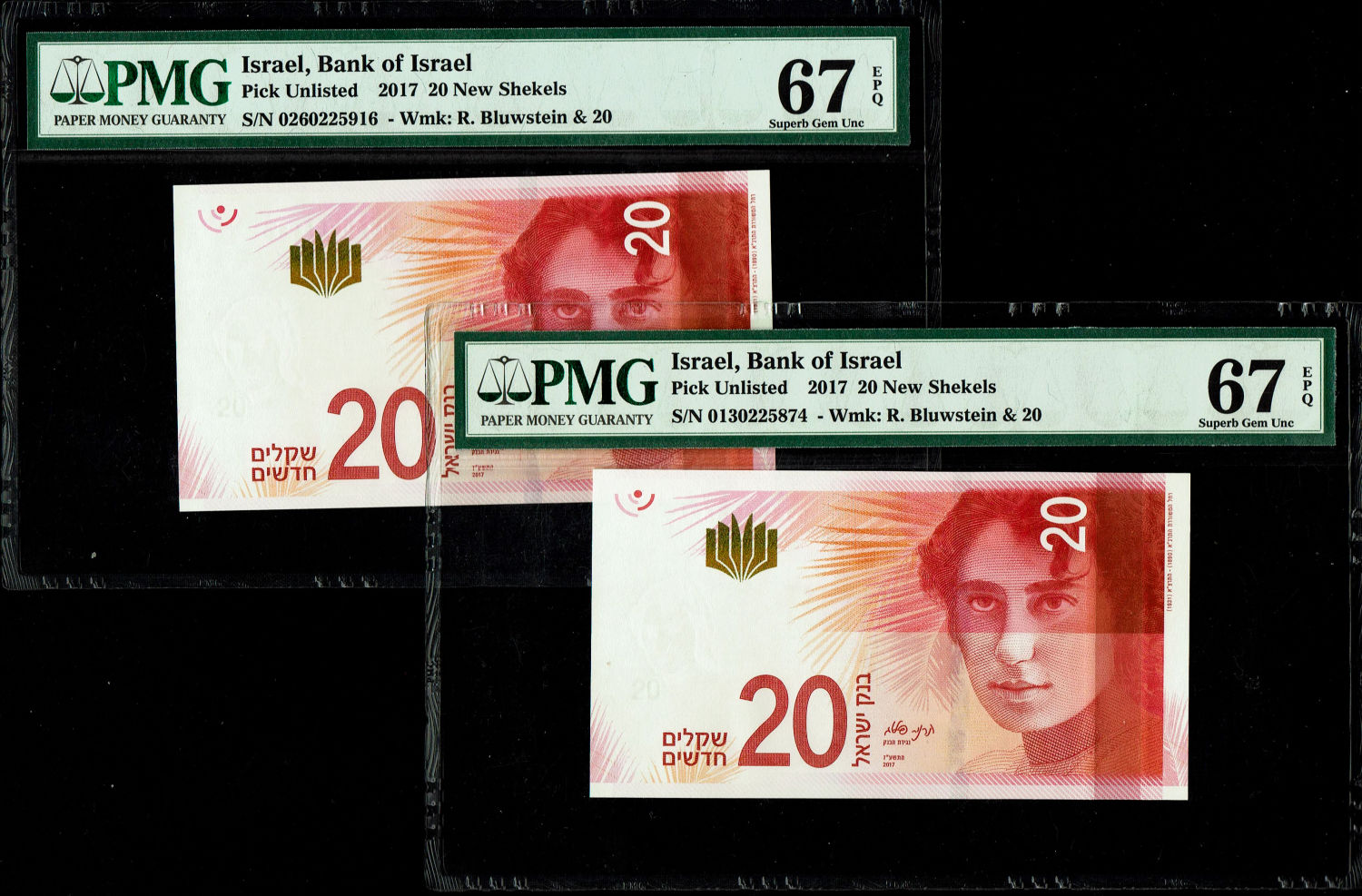 Israel - Pair Banknotes of 20 Shekels 2017 - "New Shekel Series C" - PMG 67 EPQ
Front: A ... - 1 0