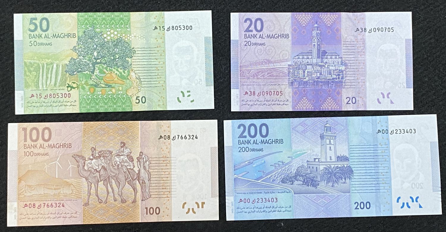 Morocco - full set of about 4 banknotes 20, 50, 100, 200 Dirham 2012 - UNC - 1 1