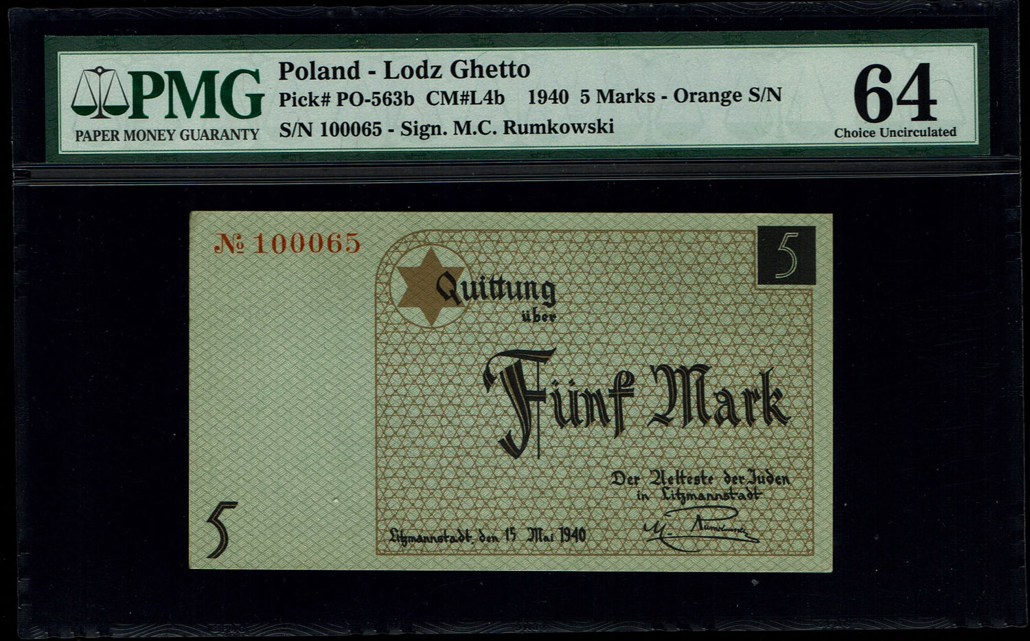 Holocaust concentration camps money - Poland - 5 mark 1940 - Ghetto Lodz - PMG UNC 64 - Orange serial number