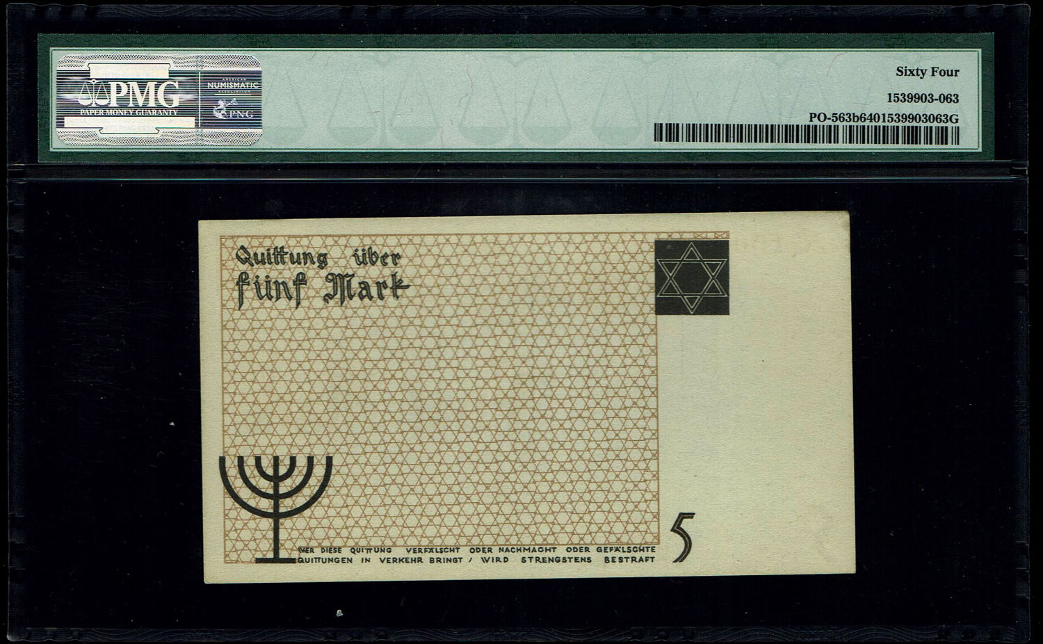 Holocaust concentration camps money - Poland - 5 mark 1940 - Ghetto Lodz - PMG UNC 64 - Orange serial number - 1 1