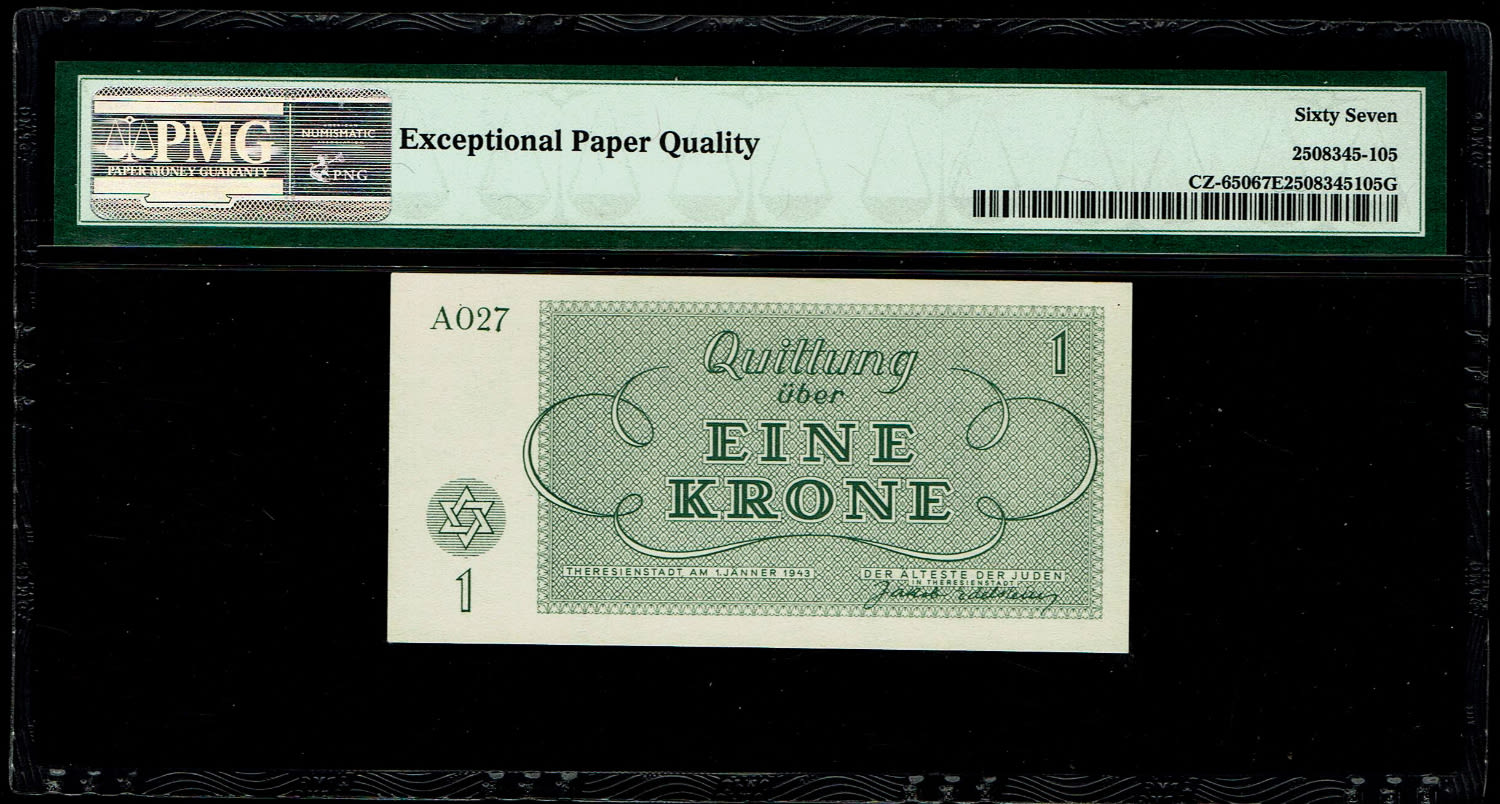 Holocaust concentration camps money - Czechoslovakia - 1 Kronen 1943 - PMG 67 EPQ - Theresientadt Ghetto. - 1 1