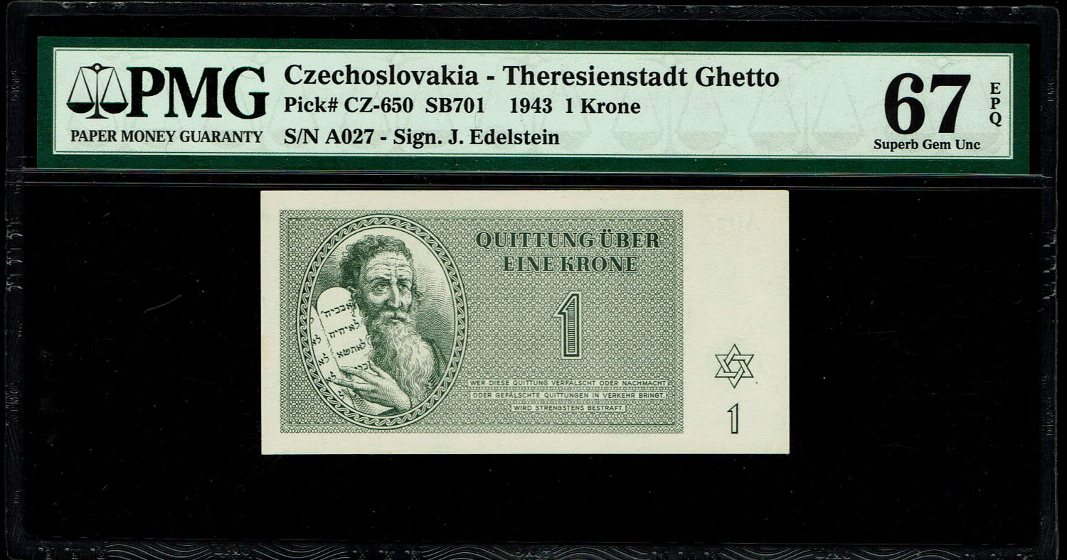 Holocaust concentration camps money - Czechoslovakia - 1 Kronen 1943 - PMG 67 EPQ - Theresientadt Ghetto.