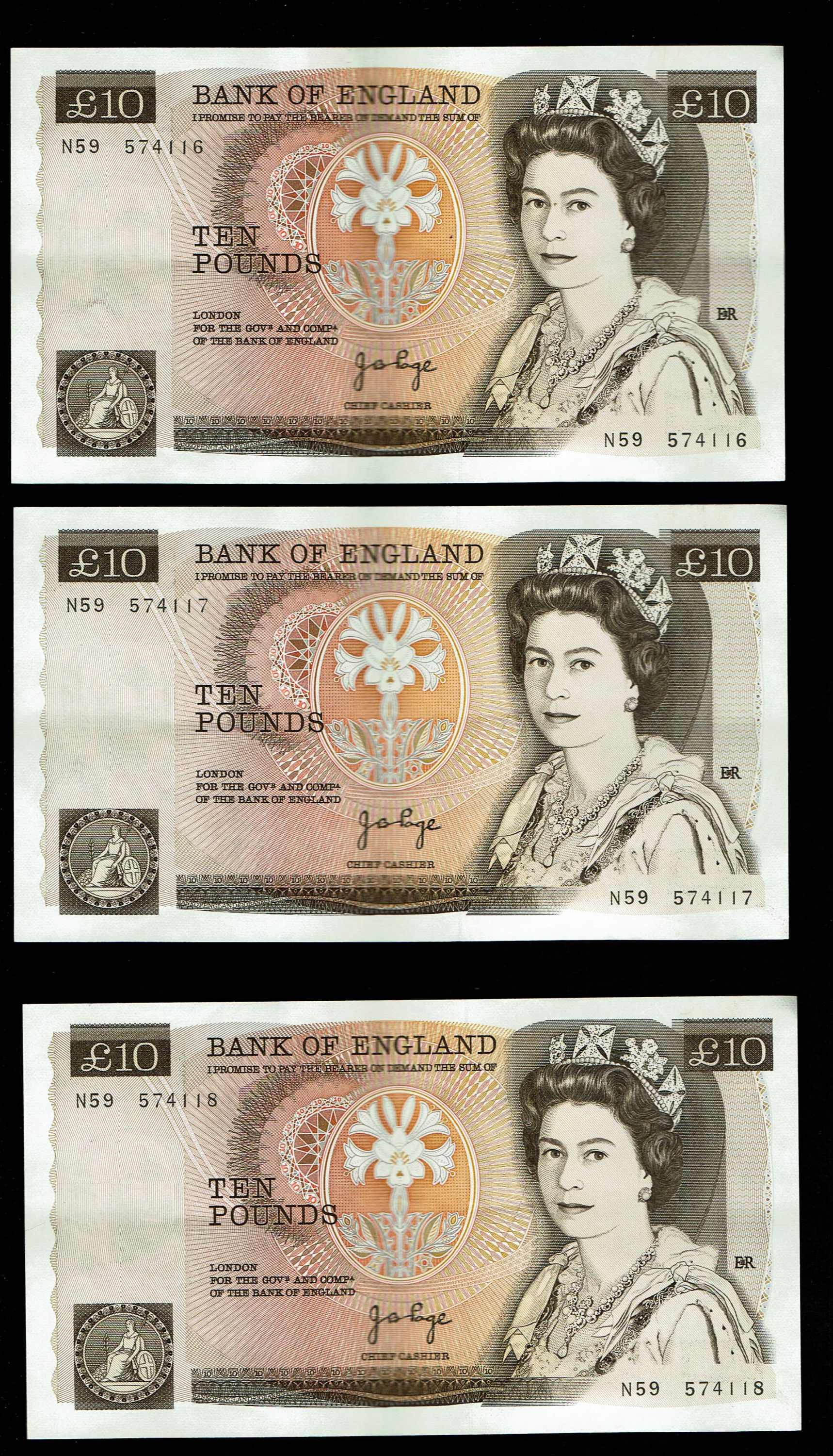 England - Lot of 10 banknotes, 10 Pounds 1975-1980 - Elizabeth II Florence Nightingale - Consecutive S.N. - XF - 1 5