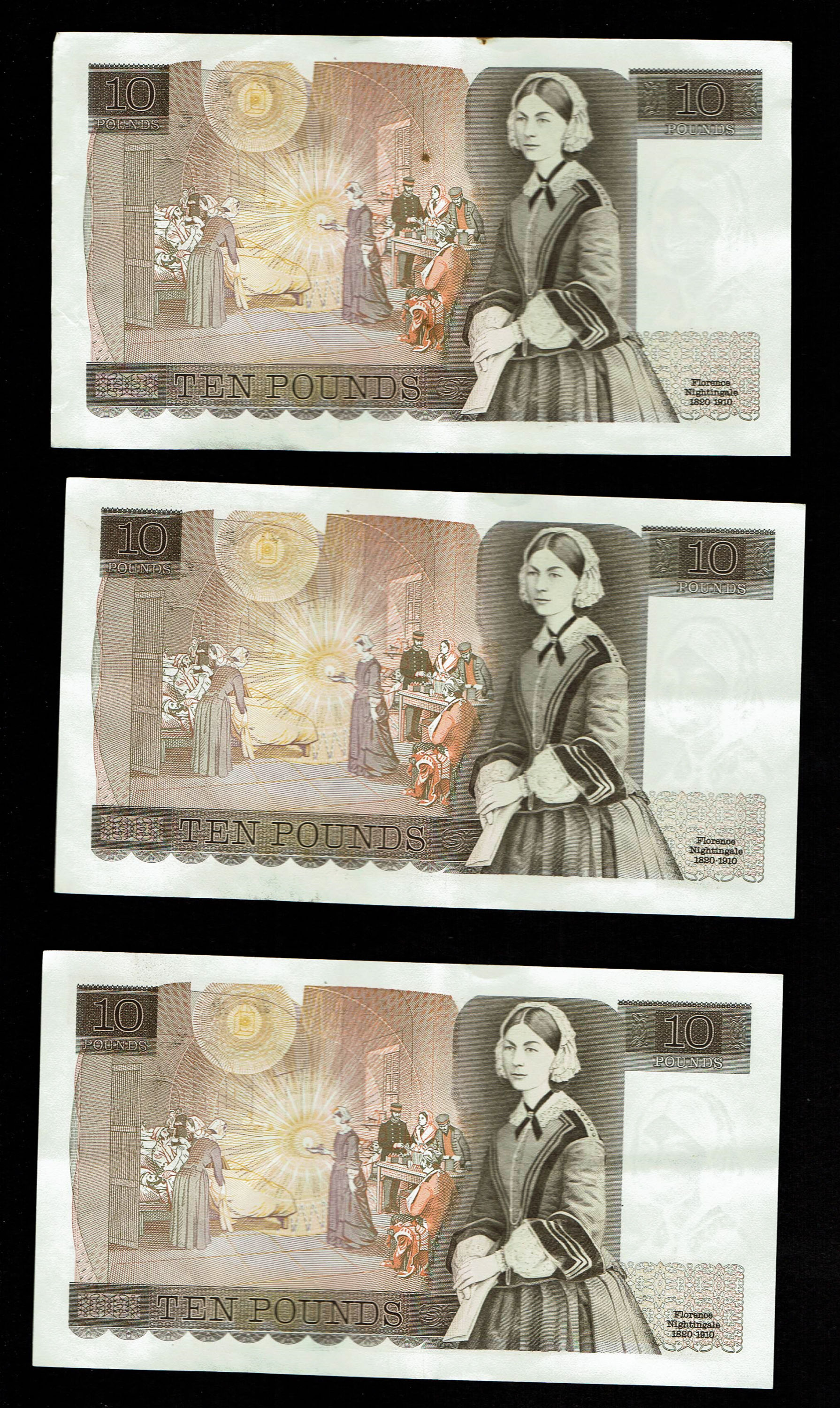 England - Lot of 10 banknotes, 10 Pounds 1975-1980 - Elizabeth II Florence Nightingale - Consecutive S.N. - XF - 1 2
