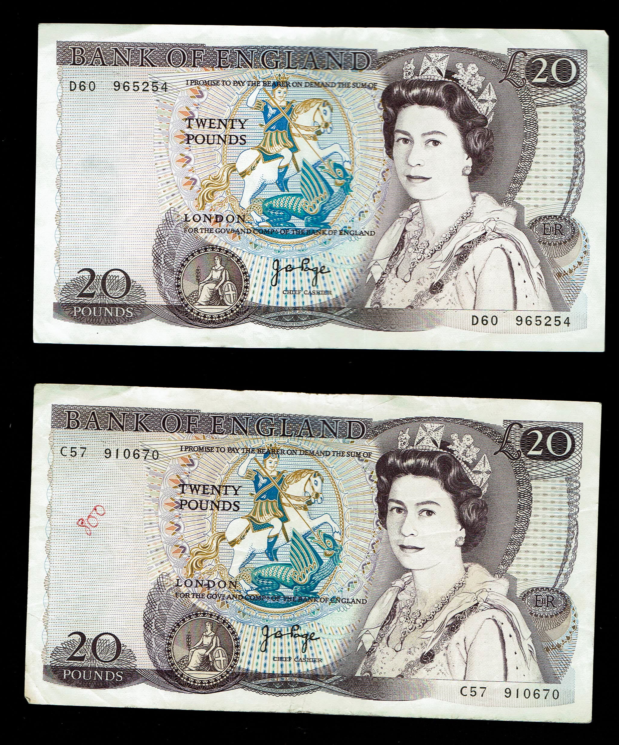 England - 20 Pounds 1970-1980 - 5 Consecutive serial number banknotes - Elizabeth II William Shakespeare - XF - 1 1