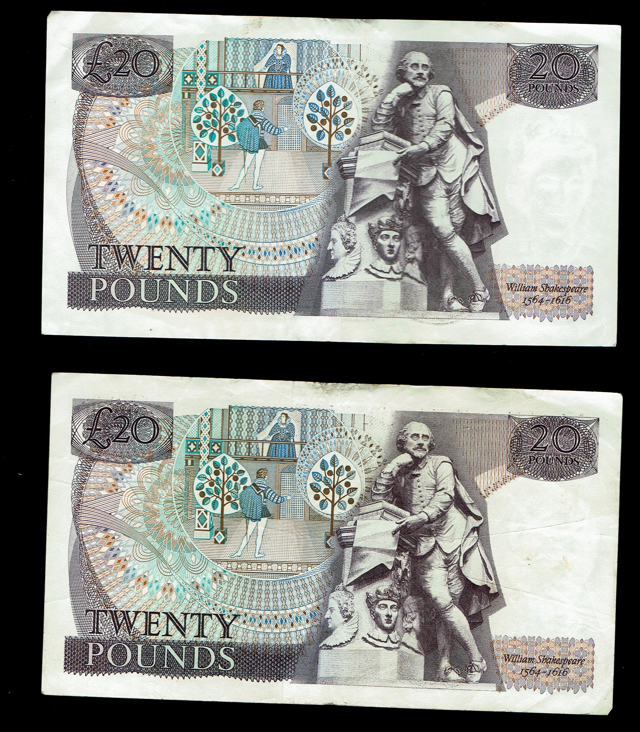 England - 20 Pounds 1970-1980 - 5 Consecutive serial number banknotes - Elizabeth II William Shakespeare - XF - 1 2