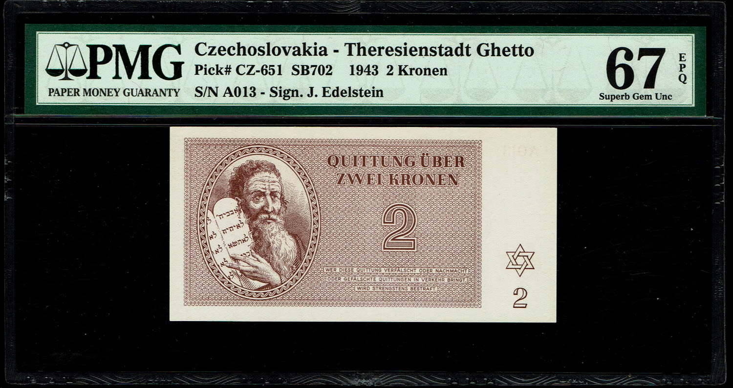 Holocaust concentration camps money - Czechoslovakia - 1 Kronen 1943 - PMG 67 EPQ - Theresientadt Ghetto.