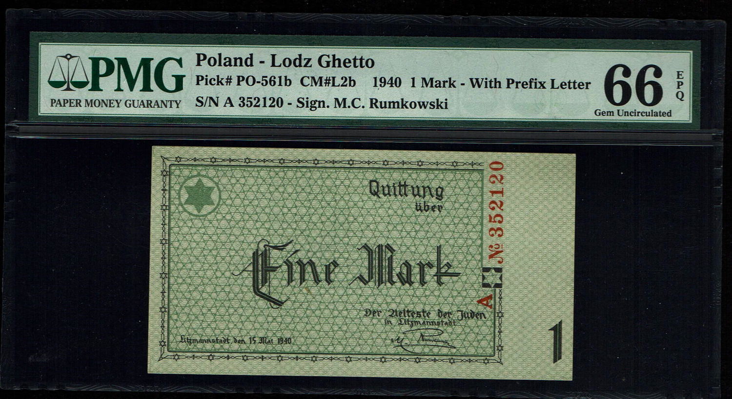 Holocaust concentration camps money - Poland - 1 mark 1940 - ghetto Lodz - PMG 66 EPQ
