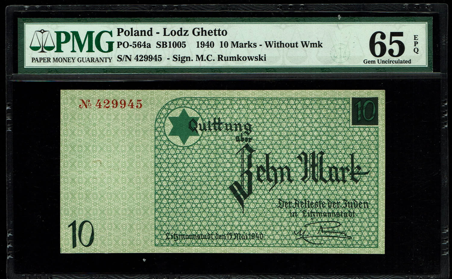 Holocaust concentration camps money - Poland - 10 mark 1940 - Ghetto Lodz - PMG 65 EPQ