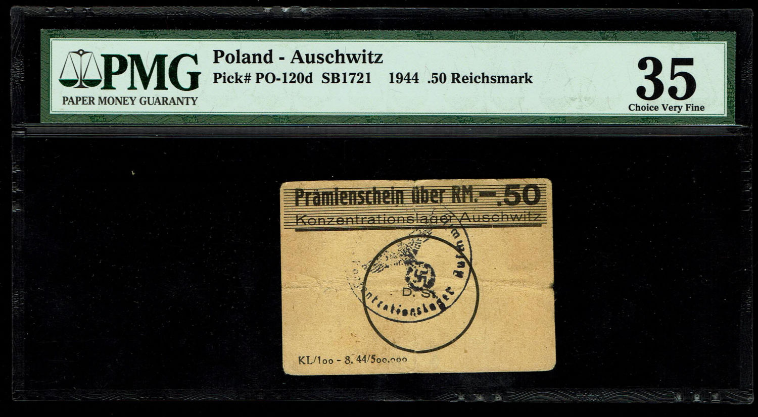 Holocaust concentration camps money - Poland - 0.5 Reichsmark 1944 - Auschwitz - PMG 35