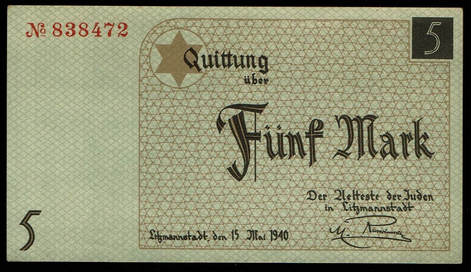 Holocaust concentration camps money - Poland - 5 mark 1940 - Ghetto Lodz - AU-UNC - Red serial number