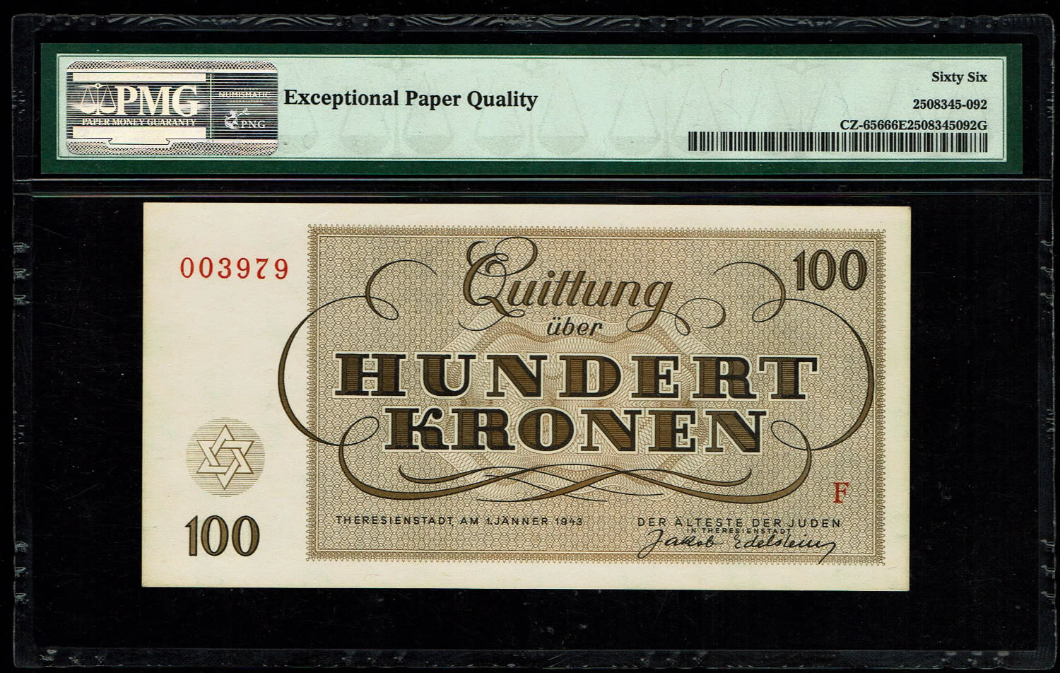 Holocaust concentration camps money - Czechoslovakia - 100 Kronen 1943 - PMG 66 EPQ - Theresientadt Ghetto. - 1 1