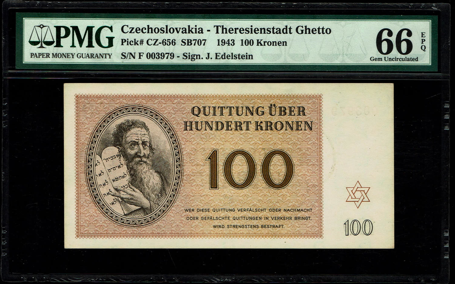 Holocaust concentration camps money - Czechoslovakia - 100 Kronen 1943 - PMG 66 EPQ - Theresientadt Ghetto.