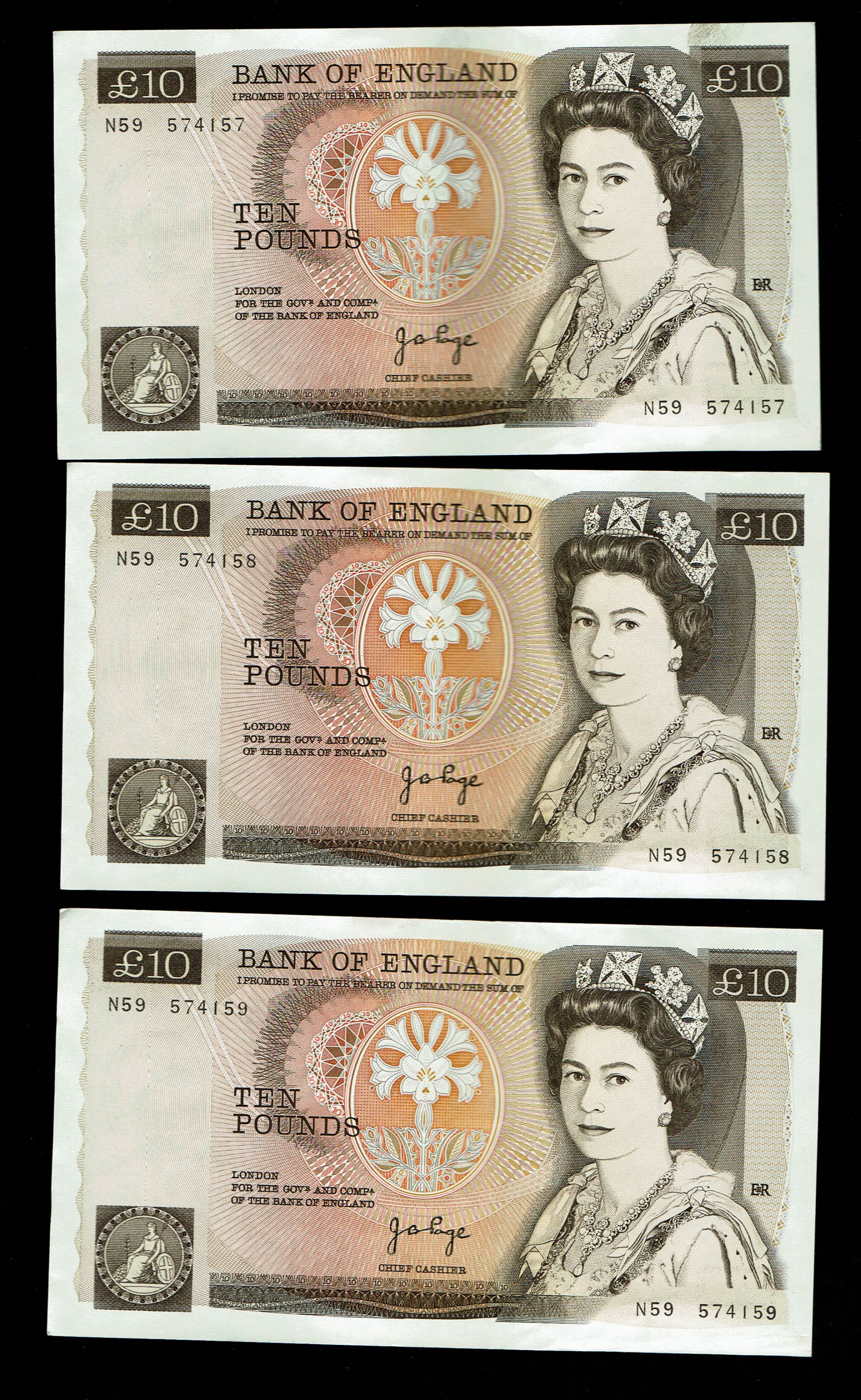 England - Lot of 10 banknotes, 10 Pounds 1975-1980 - Elizabeth II Florence Nightingale - Consecutive S.N. - XF - 1 5