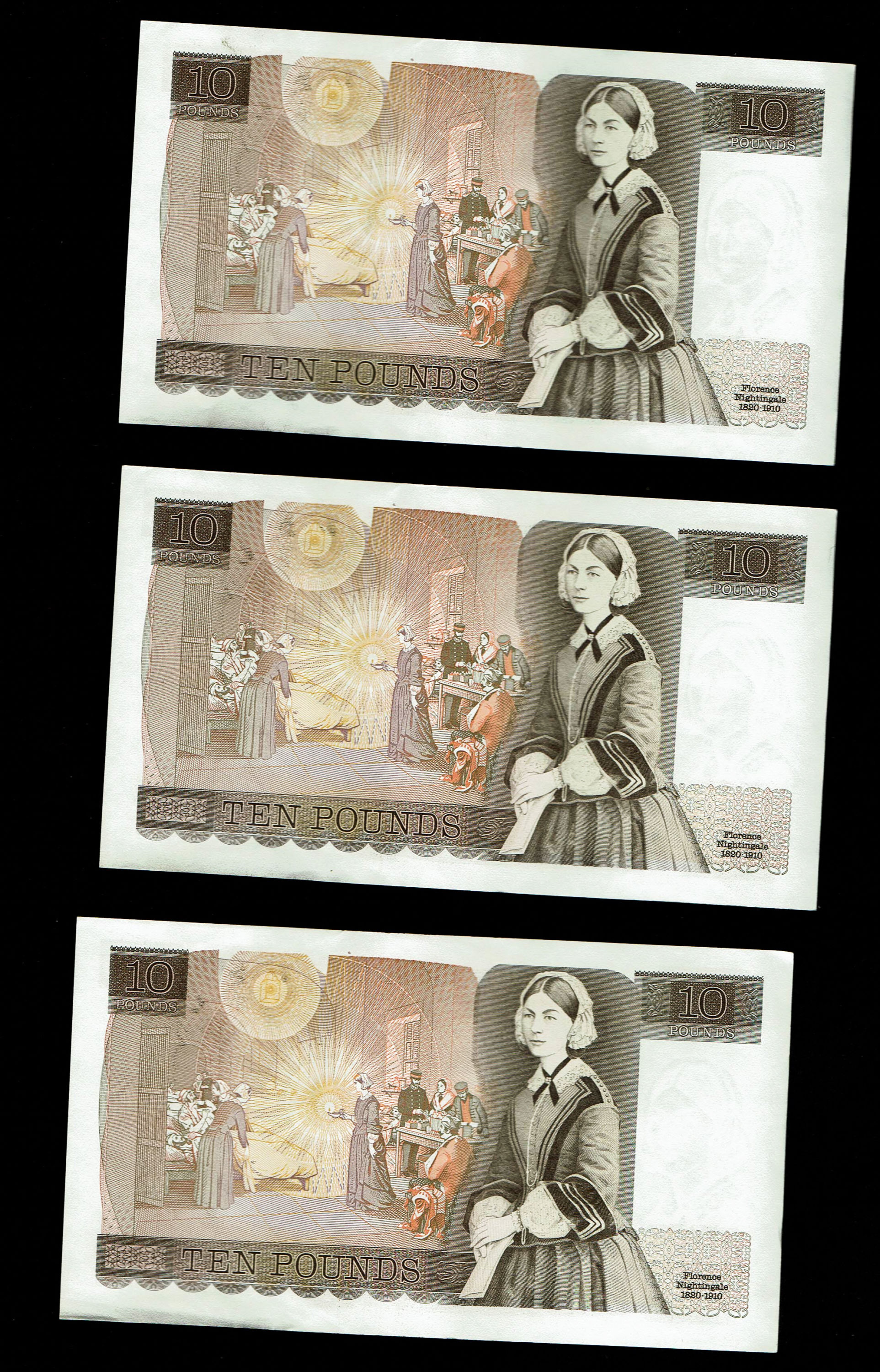 England - Lot of 10 banknotes, 10 Pounds 1975-1980 - Elizabeth II Florence Nightingale - Consecutive S.N. - XF - 1 6