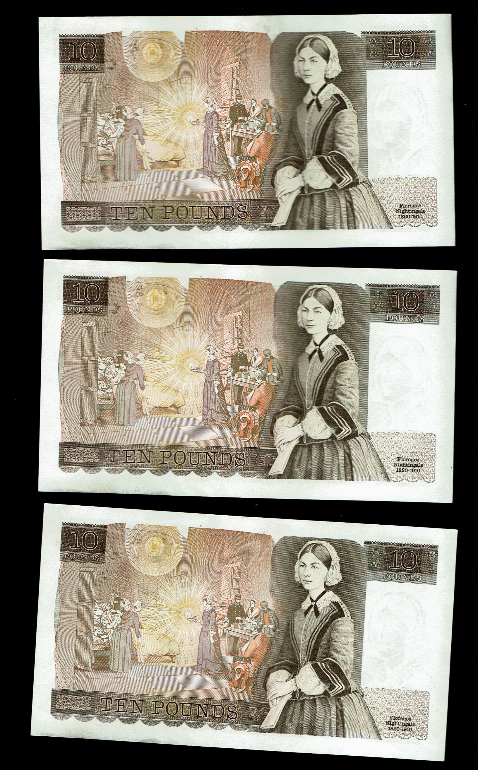 England - Lot of 10 banknotes, 10 Pounds 1975-1980 - Elizabeth II Florence Nightingale - Consecutive S.N. - XF - 1 4