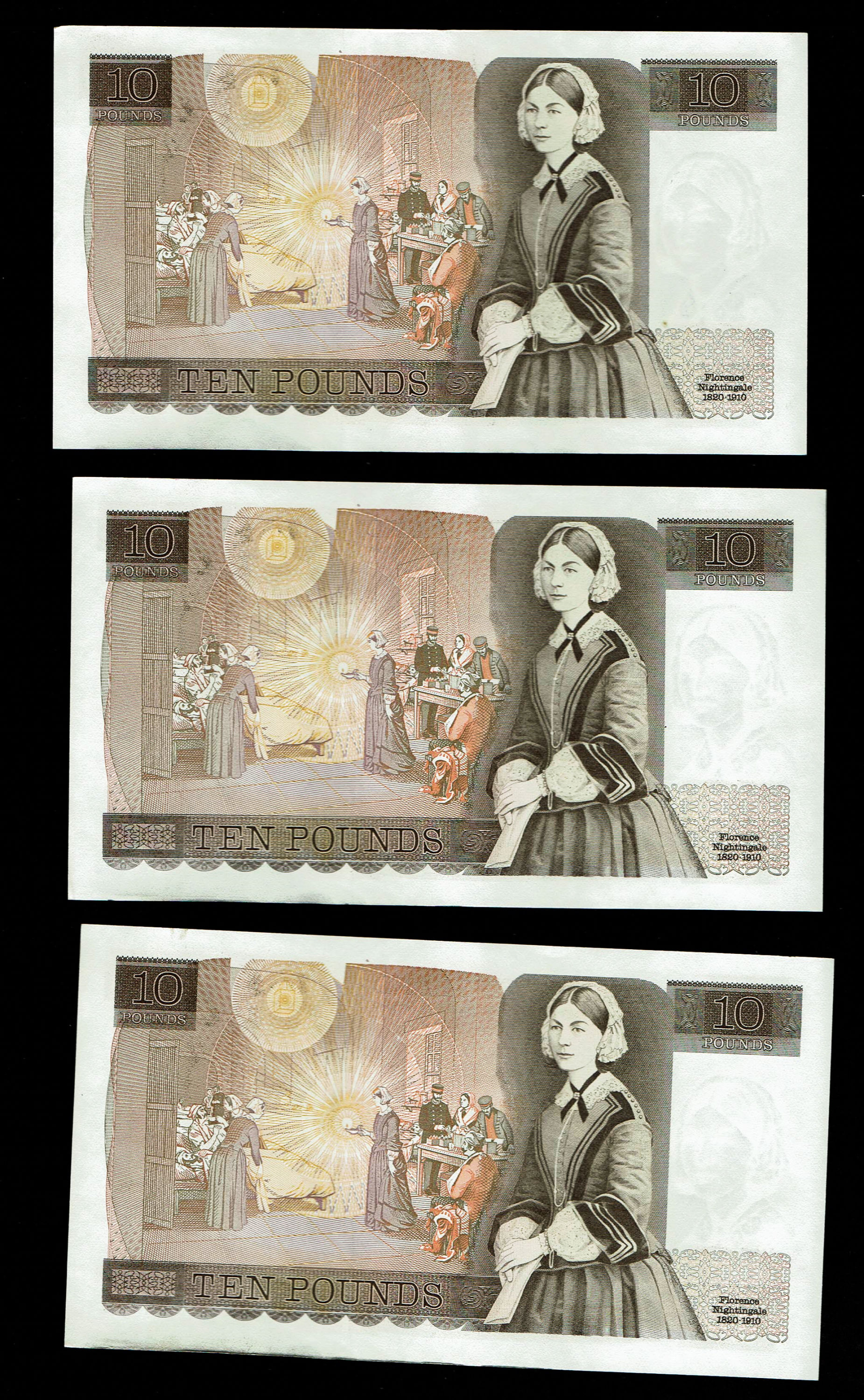 England - Lot of 10 banknotes, 10 Pounds 1975-1980 - Elizabeth II Florence Nightingale - Consecutive S.N. - XF - 1 2