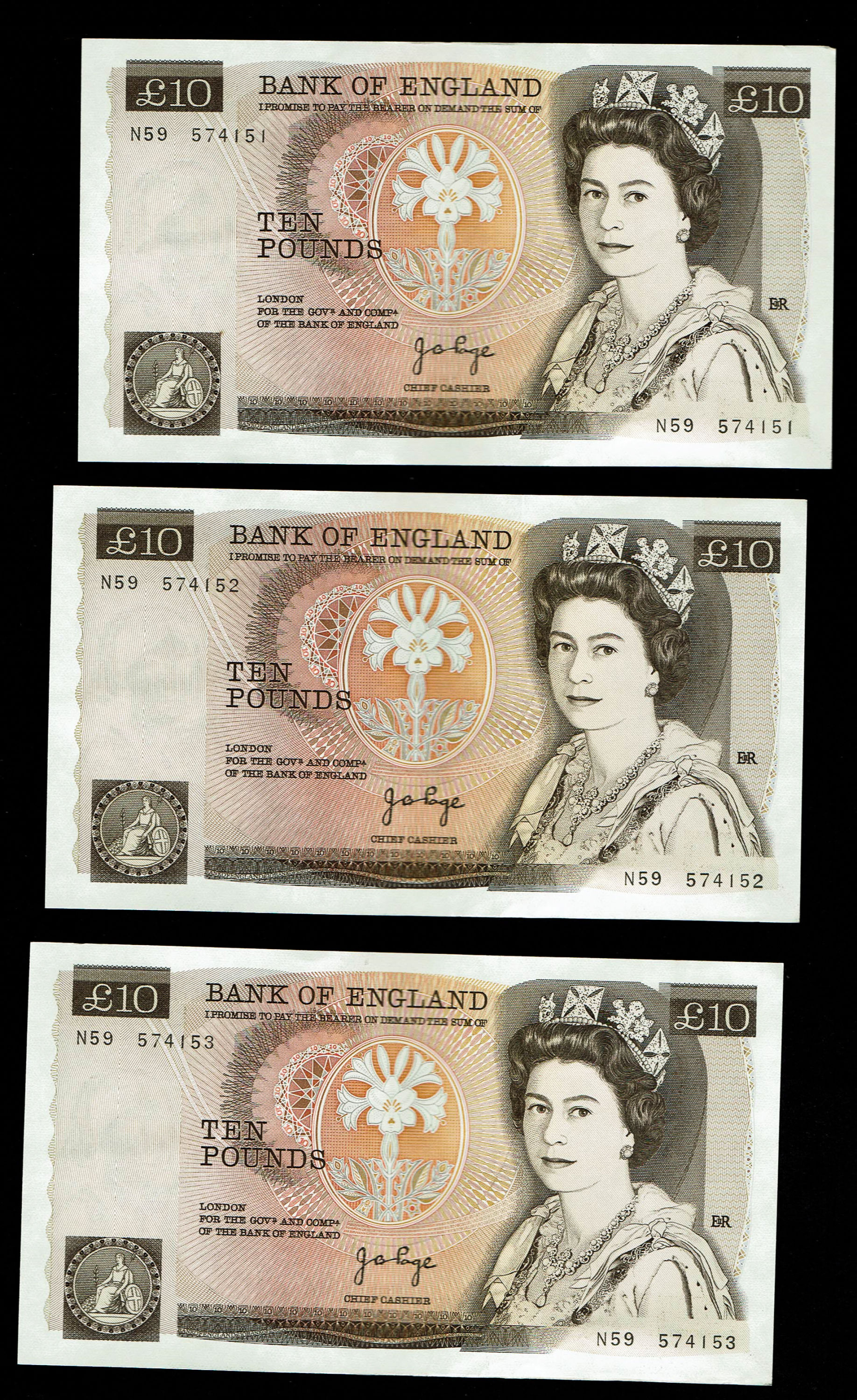 England - Lot of 10 banknotes, 10 Pounds 1975-1980 - Elizabeth II Florence Nightingale - Consecutive S.N. - XF - 1 1