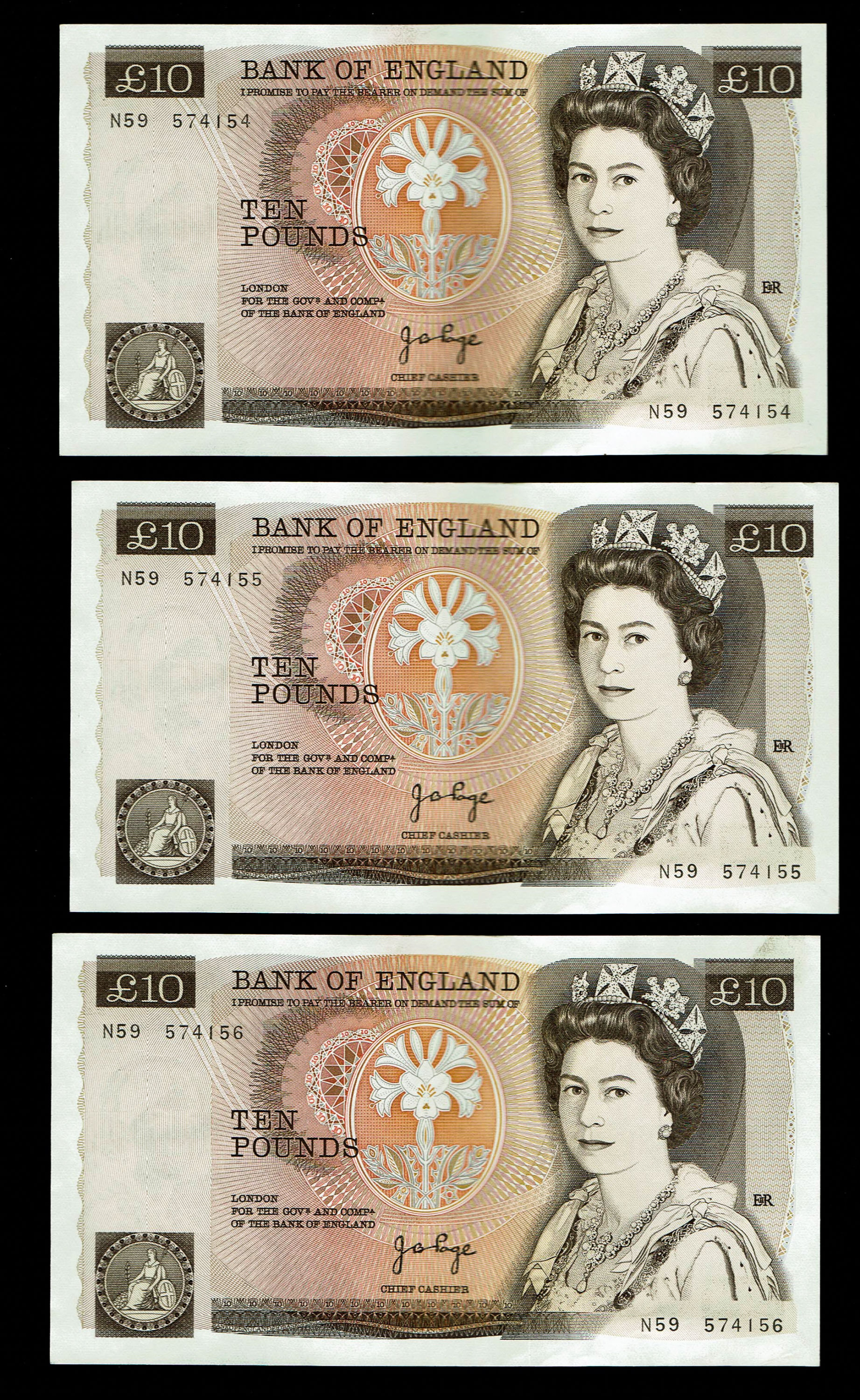 England - Lot of 10 banknotes, 10 Pounds 1975-1980 - Elizabeth II Florence Nightingale - Consecutive S.N. - XF - 1 3