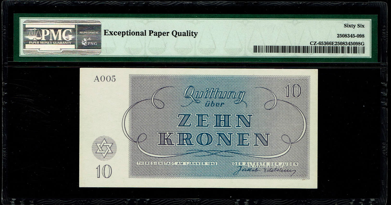 Holocaust concentration camps money - Czechoslovakia - 10 Kronen 1943 - PMG 66 EPQ - Theresientadt Ghetto. - 1 1