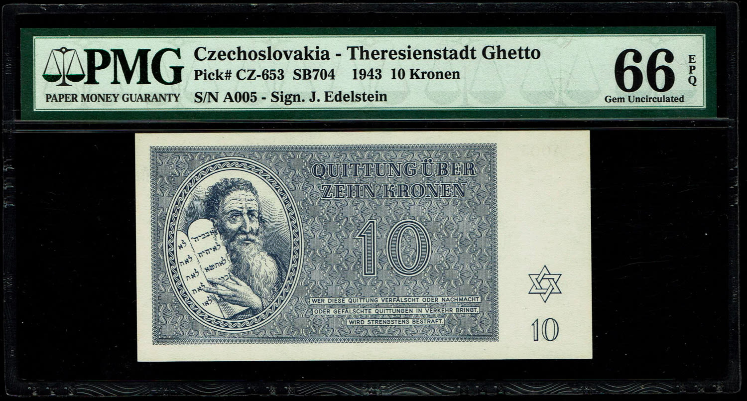 Holocaust concentration camps money - Czechoslovakia - 10 Kronen 1943 - PMG 66 EPQ - Theresientadt Ghetto.