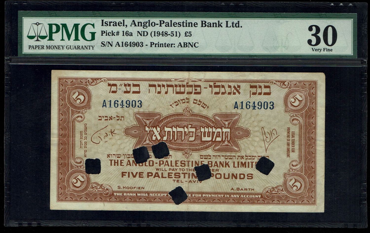 Israel - 5 Pounds 1948 - Anglo Palestine - PMG 30 - Prefix A - Canceled note, with cancellation stamp and holes - 1 0