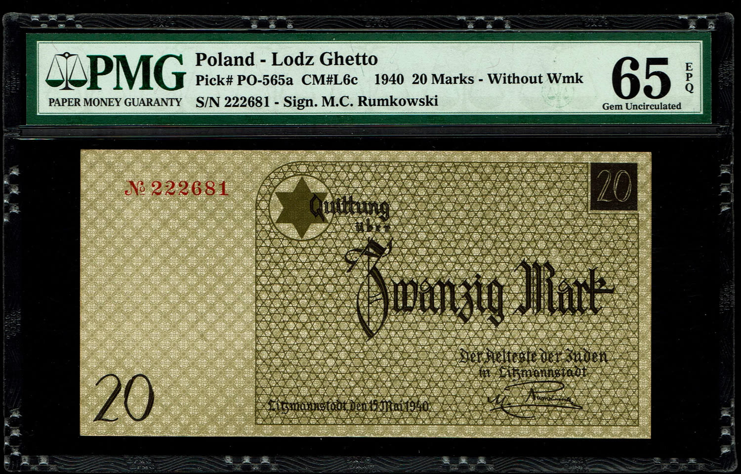 Holocaust concentration camps money - Poland - 20 mark 1940 - Ghetto Lodz - PMG 65 EPQ - Without water mark