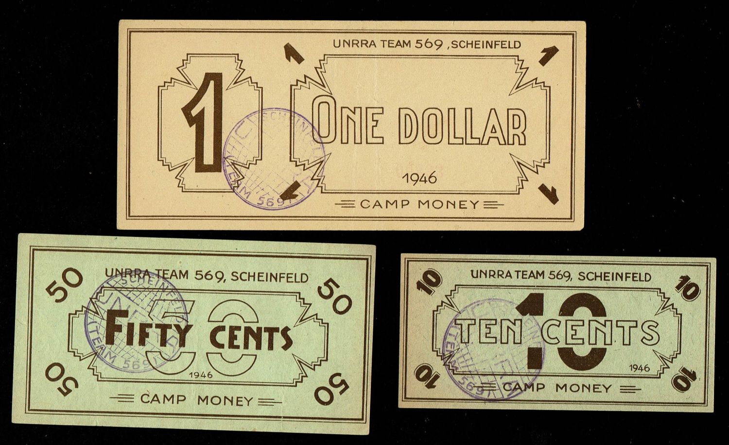 Holocaust concentration camps money - Germany - 10, 50 Cents and 1 Dollar 1946 - Scheinfeld camp money is bilingual ...