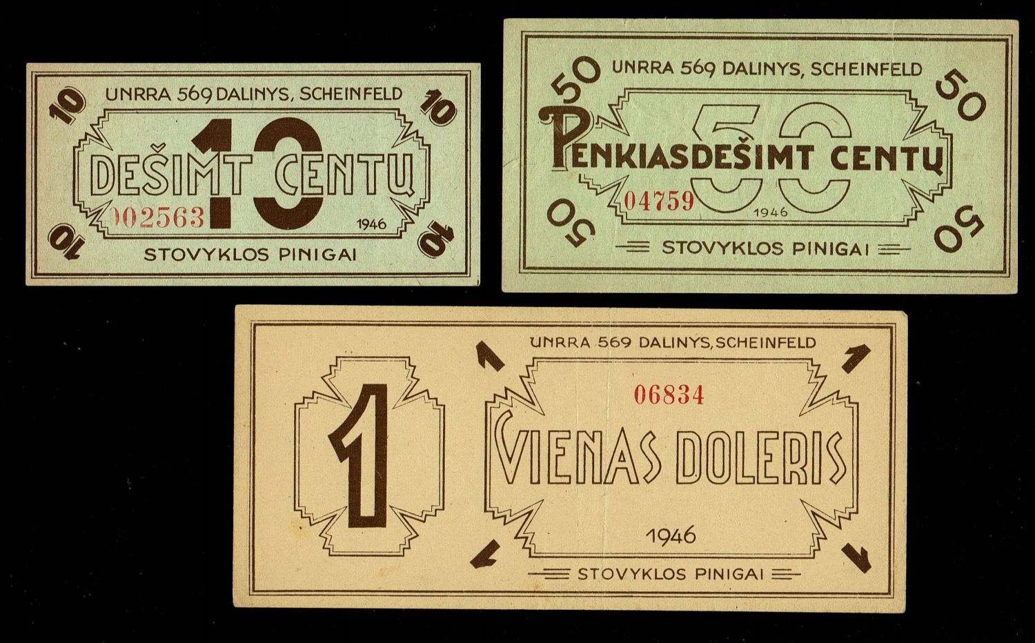 Holocaust concentration camps money - Germany - 10, 50 Cents and 1 Dollar 1946 - Scheinfeld camp money is bilingual ... - 1 1