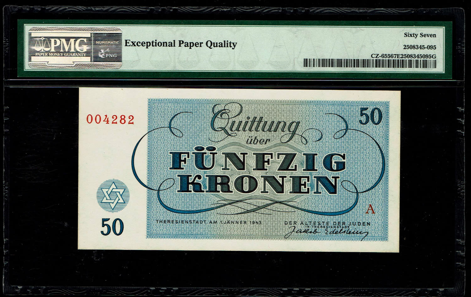 Holocaust concentration camps money - Czechoslovakia - 50 Kronen 1943 - PMG 67 EPQ - Theresientadt Ghetto. - 1 1