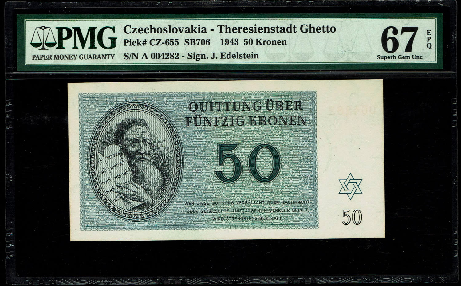 Holocaust concentration camps money - Czechoslovakia - 50 Kronen 1943 - PMG 67 EPQ - Theresientadt Ghetto.
