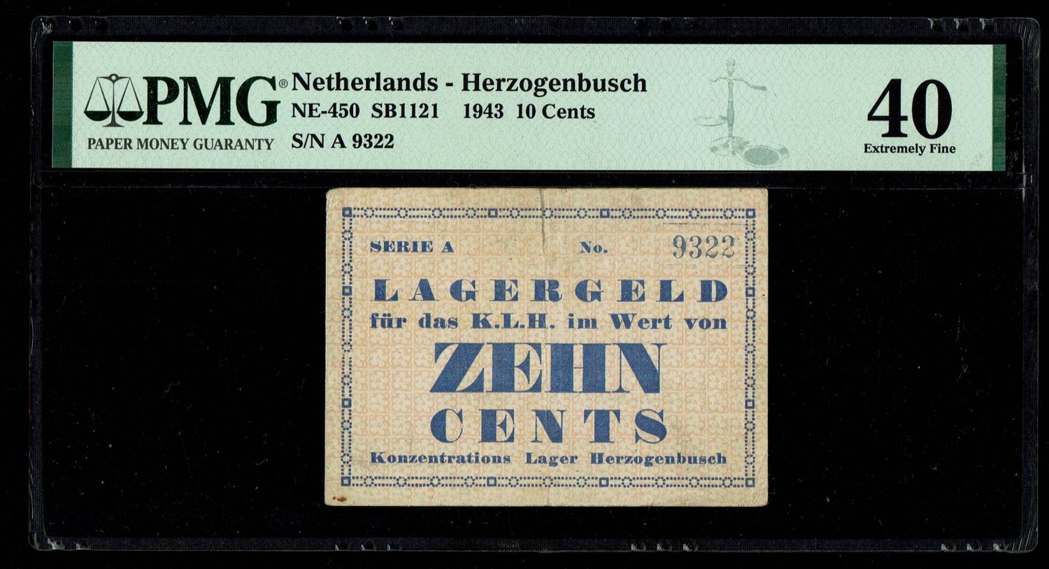 Holocaust concentration camps money - Netherlands, Camp Herzogenbusch - 10 cents 1943 - PMG 40
