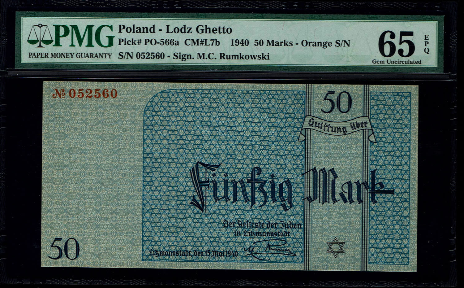 Holocaust concentration camps money - Poland - 50 mark - 1940 - Ghetto Lodz - PMG 65 EPQ - High Grade