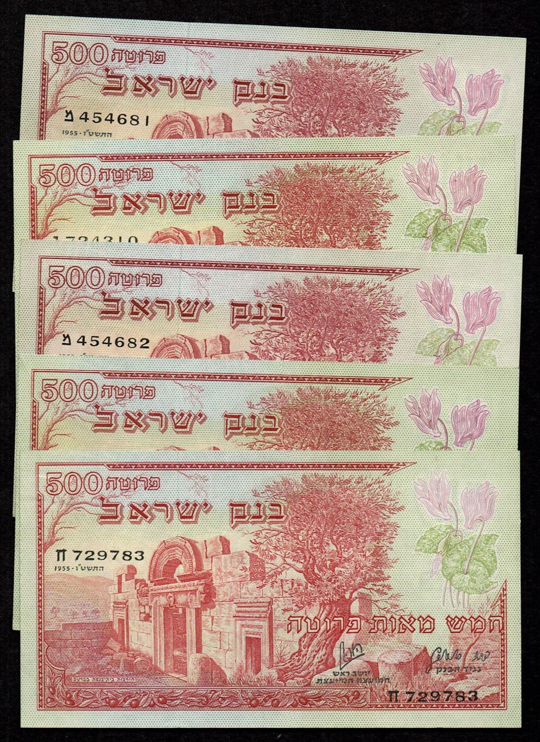 Israel - Lot of 5 banknotes, 500 Pruta 1955 - UNC - 1 0